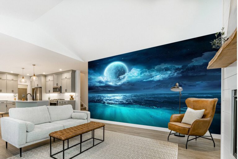 Blue Full Moon & Beach Wallpaper Photo Wall Mural Wall UV Print Decal Wall Art Décor