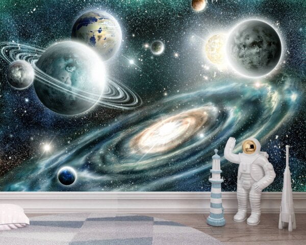 Close-up of Removable Vinyl Wall Mural with Planets Design