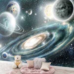 Space-Themed Room Decorated with Planets Wall Mural