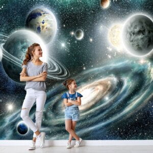 Child looking at Self-Adhesive Planets Wall Mural in bedroom