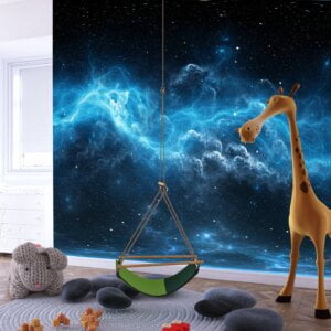 Child looking at Peel and Stick Blue Nebula Wallpaper in bedroom