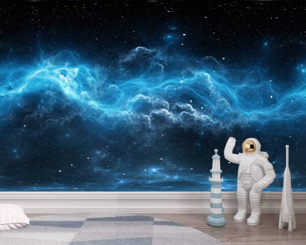 Space-Themed Room Decorated with Blue Nebula Wallpaper