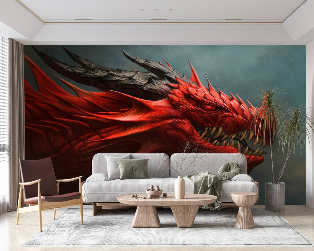 Lively dragon wallpaper infusing magic into modern bedroom decor