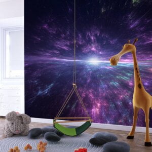 Child looking at Peel and Stick Purple Nebula Wall Mural in bedroom