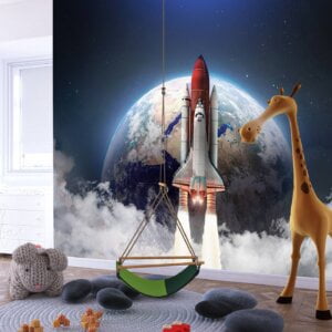Child looking at Peel and Stick Space Rocket Wall Mural in bedroom
