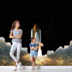 Child looking at Self-Adhesive Space Rocket Wall Art Wallpaper in bedroom