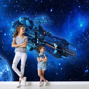 Child looking at Peel and Stick Wallpaper of a Futuristic Spaceship in Space in bedroom