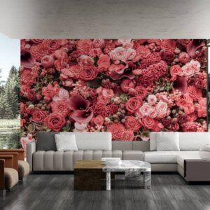 Waterproof living room wallpaper with vibrant red roses.