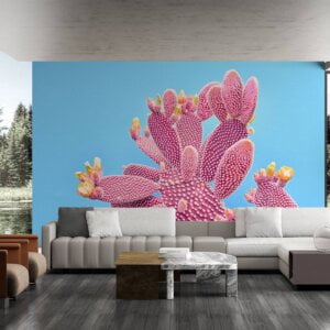 Waterproof bedroom wallpaper with pink cactus flowers.