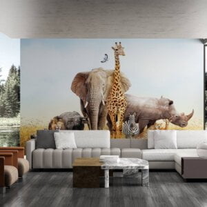 Bedroom adorned with safari animals wall mural