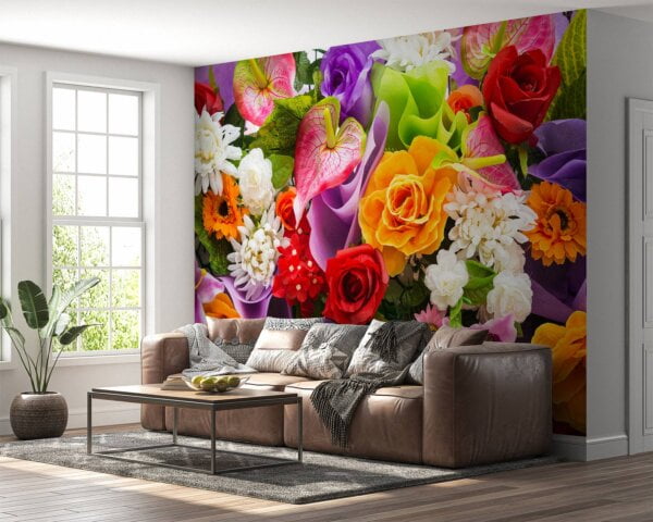 Vibrant floral design on bedroom wallpaper.