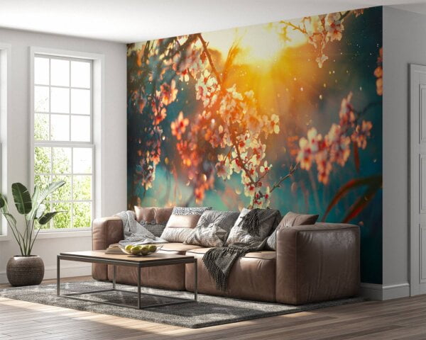 Enchanting flower sunset design on home wallpaper.