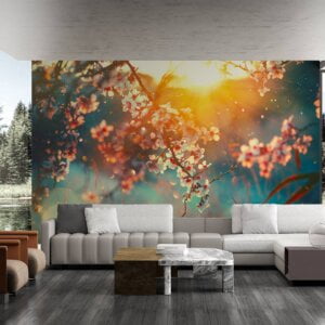 Waterproof home wallpaper with sunset and flower silhouettes.