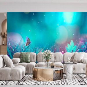 Waterproof living room wallpaper with blue meadow patterns.