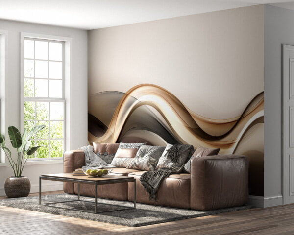 Modern 3D wave design in brown and white wall mural