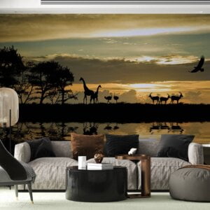 Living room adorned with African wildlife wallpaper mural