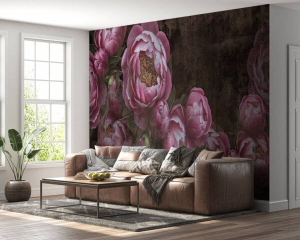 Modern concrete flowers design on living room wallpaper.