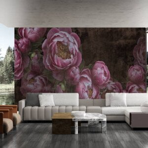 Waterproof living room wallpaper with concrete and flower patterns.