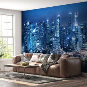 Singapore cityscape with night reflections on vinyl mural