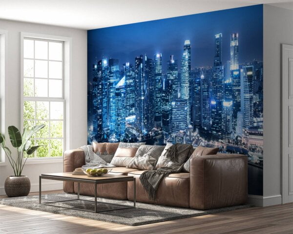 Singapore cityscape with night reflections on vinyl mural
