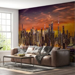 New York City skyline bathed in sunset hues on vinyl mural