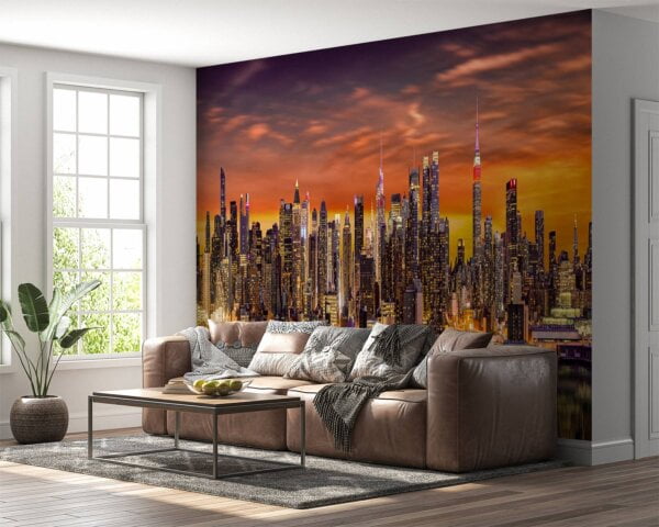 New York City skyline bathed in sunset hues on vinyl mural
