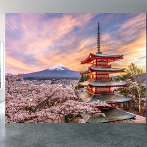 Pagoda and cherry blossoms mural perfect for studies and culture-themed rooms