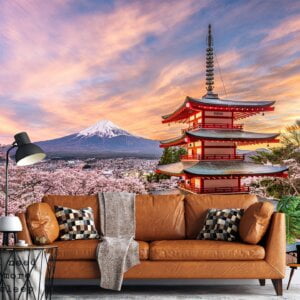 Waterproof vinyl decor showcasing a pagoda amidst blooming cherry trees