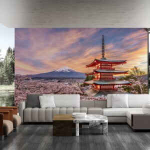 Self-adhesive mural capturing the serenity of a Japanese pagoda and nature