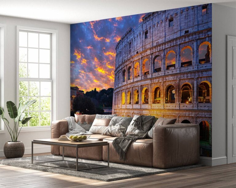 Colosseum illuminated by sunrise glow on vinyl mural