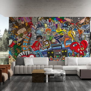 Self-adhesive wallpaper with vibrant urban art collage