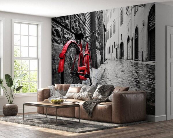 Red bicycle parked on cobblestone street captured on vinyl mural