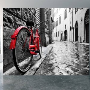 Red bicycle and cobblestone mural perfect for vintage-themed living rooms and studies