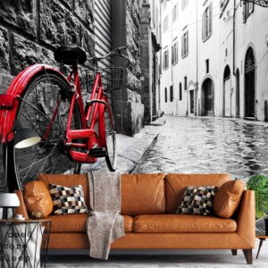 Waterproof vinyl decor depicting a vibrant bicycle on a quaint pathway
