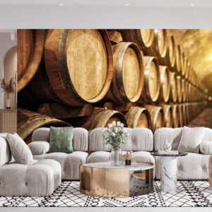 Self-adhesive wallpaper showcasing vintage oak barrels