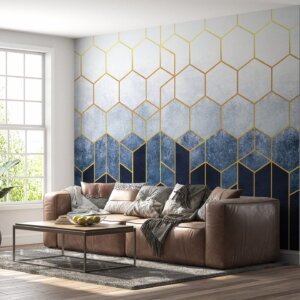 Luxurious abstract tiles in white, blue, and gold wall mural