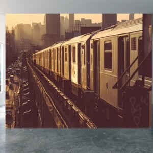 Elevated train zooming over bustling cityscape captured on vinyl mural