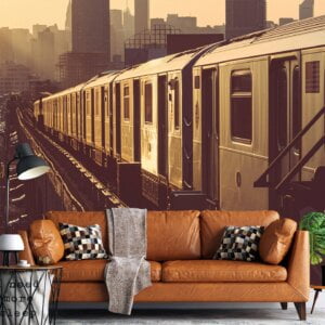 Elevated train and cityscape mural perfect for urban-themed offices and living rooms