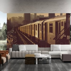 Waterproof vinyl decor depicting a train over a lively city scene