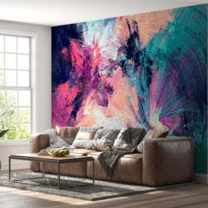 Artistic wall mural featuring vibrant ink splashes