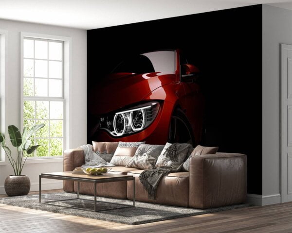 Dynamic red sport car design on self-adhesive mural