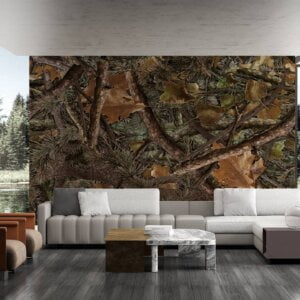 Waterproof living room wallpaper with intricate forest patterns.
