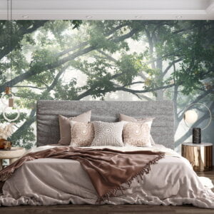 Bedroom wall adorned with the beauty of a peaceful woodland.