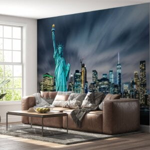 Statue of Liberty with NYC night skyline captured on vinyl mural