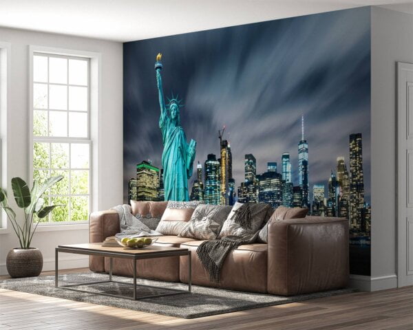 Statue of Liberty with NYC night skyline captured on vinyl mural