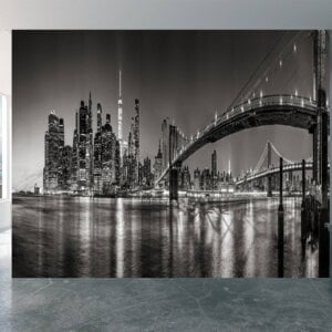 NYC bridges night panorama mural perfect for modern-themed living rooms and home offices