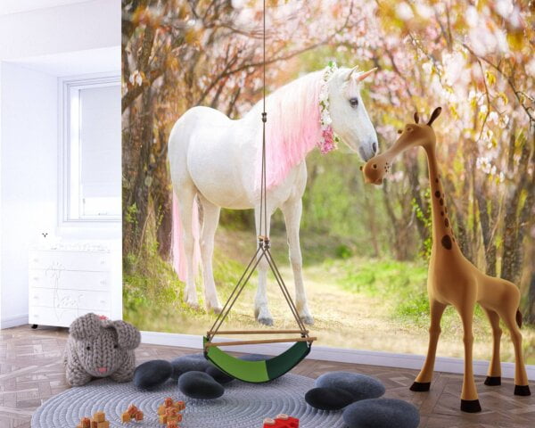 Majestic white horse adorned with a vibrant pink mane in a verdant forest.