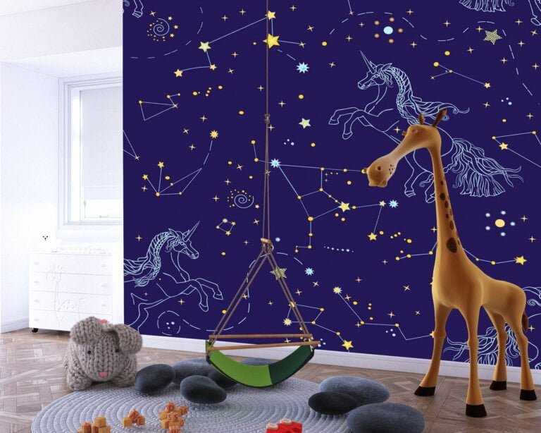 Vibrant and dreamy scene of stars, unicorns, and enchanting illustrations.