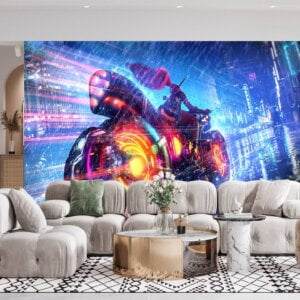 Bedroom adorned with fantasy motorcycle mural