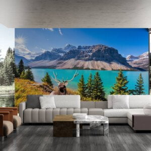 Room adorned with Deer by the Lake wallpaper mural